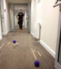 Len showing off his skills on the World Cup of Hotel Hallway Bocce Ball!