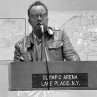 Vern Lamb speaks at an environmental taskforce public hearing prior to the Olympics on May 18, 1976 at the Olympic Center in Lake Placid. [P] courtesy of Joe Lamb