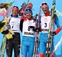 Final U23 Men’s skiathlon podium (l-r) Dotzler 3rd, Shakirzianov 1st, Belov 2nd [P] Nordic Focus