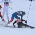 Matveeva and Randall cross skis and go down.
