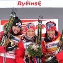 Final podium (l-r) Kowalczyk 2nd, Johaug 1st, Bjoergen 3rd [P] Nordic Focus