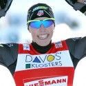 Kikkan Randall (USA) celebrates bronze in Davos. [P] Nordic Focus