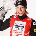 Kikkan Randall shows off her FIS Sprint World Cup crystal globe. [P] Nordic Focus