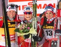 Final podium (l-r) Bjoergen 2nd, Johaug 1st, Weng 3rd. [P] Nordic Focus