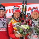 Women’s final 30k podium (l-r) Kowalczyk 2nd, Bjoergen 1st, Johaug 3rd. [P] Nordic Focus