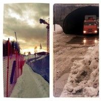 The path up to the dining hall and to the right, a truck barreling through a huge pool of water [P] Jessie Diggins