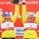 Americans Kikkan Randall (l) and Jessica Diggins celebrate gold [P] Nordic Focus