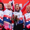Final podium (l-r) Bjoergen, Steira, Weng and Johaug  win gold in 4x5km women [P] Nordic Focus