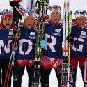 Norwegian team (l-r)  Weng, Johaug, Steira and Bjoergen celebrate win [P] Nordic Focus