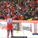 Therese Johaug (NOR) celebrates her win at finish line [P] Nordic Focus