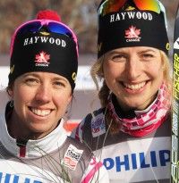 Perianne Jones (left) and Chandra Crawford (right) win Team Sprint bronze at the FIS World Cup in Milan in 2012. [P] Nordic Focus