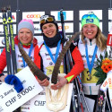 Women's podium at Engadine Skimarathon (l-r) Roponen 2nd, Faivre-Picon 1st, Gregg 3rd [P] Worldloppet