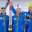 Reese Hanneman (left), Eric Packer, Tyler Kornfield stand on the podium following the classic sprint at the U.S. Cross Country Ski Championships presented by L.L. Bean [P] CXC/Mary Kozloski