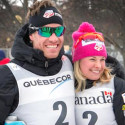 Simi Hamilton and Jessie Diggins celebrate their third place finishes in the opening event of Ski Tour Canada in Gatineau, Quebec – first time in history a U.S. man and woman have podiumed on the same day. [P] USSA-Reese Brown