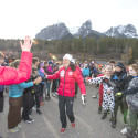 Canadian National Cross Country Ski Team member Emily Nishikawa high fives kids at the Frozen Thunder Festival [P] Pam Doyle