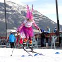 ocelyn Hundert with the Foothills Cross Country ski club lets her fairy wings help her jump over an obstacle in the kids Halloween costume race [P] Pam Doyle