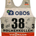 World Cup bib worn by Kikkan Randall in the 30k classic at Holmenkollen, Norway. Signed by Kikkan Randall, Sadie Bjornsen, Liz Stephen, Rosie Brennan and Chelsea Holmes [P] NNF