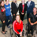 (l-r) COC Chef de Mission Isabelle Charest, next generation athlete Sarah Mitton, CPC CEO Karen O’Neill, Minister Qualtrough, COC CEO Chris Overholt, next generation athlete Élodie Tessier, CPC Chef de Mission Todd Nicholson [P] Adam Pulicicchio/Canadian Olympic Committee