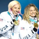 Kikkan Randall (l) and Jessie Diggins with their Olympic gold medals [P] Sarah Brunson/USSA