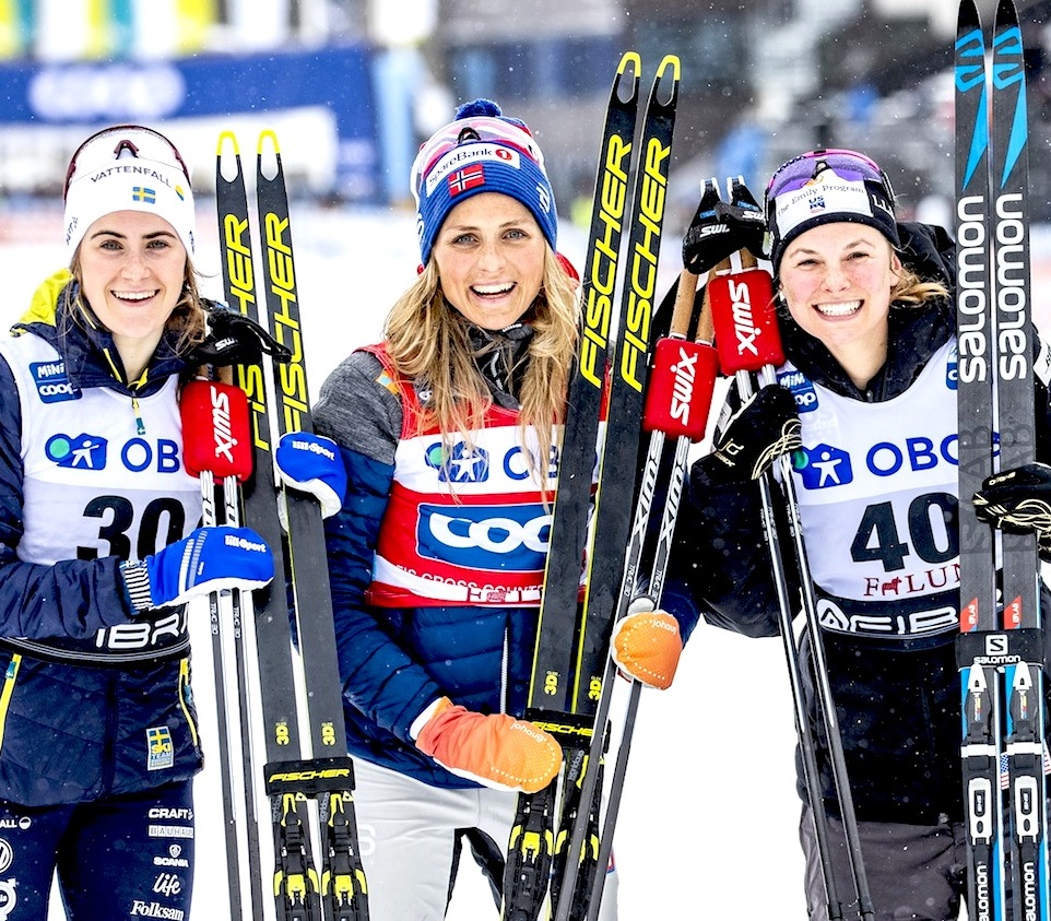 Women’s podium (l-r) Andersson 2nd. Johaug 1st, Diggins 3rd [P] Nordic Focus